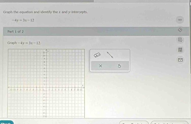 Graph the equation and identify the x and y-intercepts.
-4y=3x-12
Part 1 of 2
Graph -4y=3x-12. 
× 5