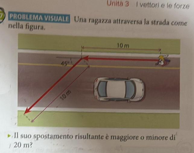 Unità 3 l vettori e le forze
PROBLEMA VISUALE Una ragazza attraversa la strada come
nella figura.
Il suo spostamento risultante è maggiore o minore di
20 m?