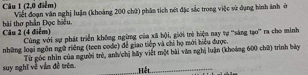 (2,0 điểm) 
Viết đoạn văn nghị luận (khoảng 200 chữ) phân tích nét đặc sắc trong việc sử dụng hình ảnh ở 
bài thơ phần Đọc hiểu. 
Câu 2 (4 điểm) 
Cùng với sự phát triển không ngừng của xã hội, giới trẻ hiện nay tự “sáng tạo” ra cho mình 
những loại ngôn ngữ riêng (teen code) để giao tiếp và chỉ họ mới hiểu được. 
Từ góc nhìn của người trẻ, anh/chị hãy viết một bài văn nghị luận (khoảng 600 chữ) trình bày 
suy nghĩ về vấn đề trên. 
_.Hết._