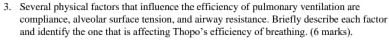 Several physical factors that influence the efficiency of pulmonary ventilation are 
compliance, alveolar surface tension, and airway resistance. Briefly describe each factor 
and identify the one that is affecting Thopo’s efficiency of breathing. (6 marks).