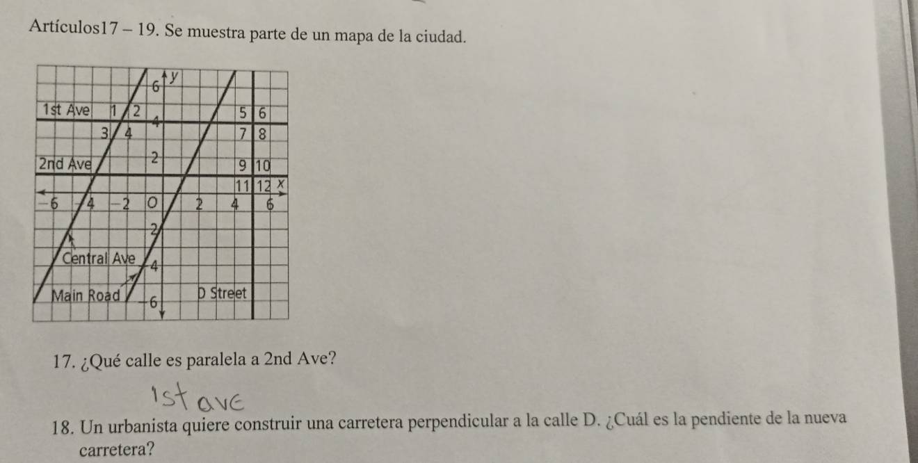 Artículos17 - 19. Se muestra parte de un mapa de la ciudad. 
17. ¿Qué calle es paralela a 2nd Ave? 
18. Un urbanista quiere construir una carretera perpendicular a la calle D. ¿Cuál es la pendiente de la nueva 
carretera?