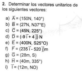 Determinar los vectores unitarios de 
los siguientes vectores: 
a) vector A=(150N,140°)
b) overline B=(27N,N37°E)
c) vector C=(45N,225°)
d) vector D=(-9vector i+4vector j)N
e) vector E=(400N,S25°O)
f) vector F=(235vector i-520vector j)m
g) overline G=(28m,S)
h) vector H=(40m,335°)
i) vector I=(12m,NO)