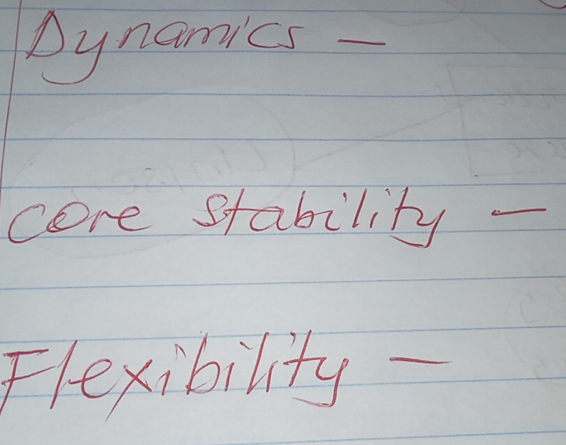 Aynamics - 
core stability - 
Fexibility -