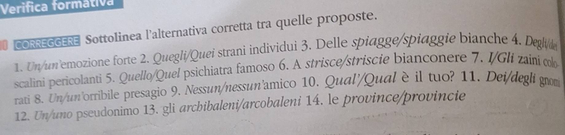 Verifica formátiva 
CORREGGERE Sottolinea l'alternativa corretta tra quelle proposte. 
1. Un/un'emozione forte 2. Quegli/Quei strani individui 3. Delle spiagge/spiaggie bianche 4. Degli/d 
scalini pericolanti 5. Quello/Quel psichiatra famoso 6. A strisce/striscie bianconere 7. I/Gli zaini colo 
rati 8. Un/un'orribile presagio 9. Nessun/nessun'amico 10. Qual'/Qual è il tuo? 11. Dei/degli gnom 
12. Un/uno pseudonimo 13. gli archibaleni/arcobaleni 14. le province/provincie