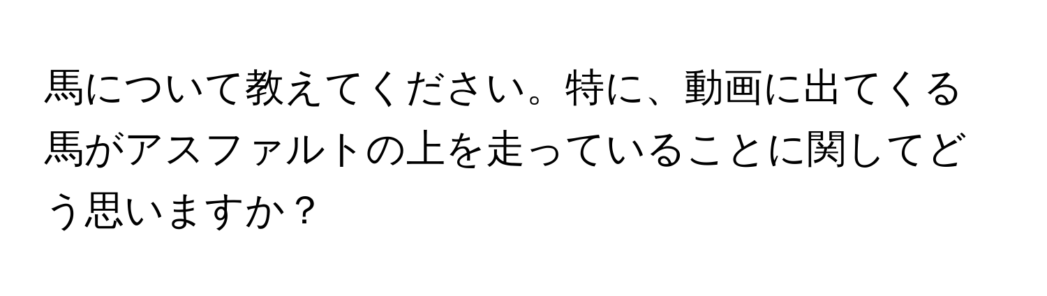 馬について教えてください。特に、動画に出てくる馬がアスファルトの上を走っていることに関してどう思いますか？