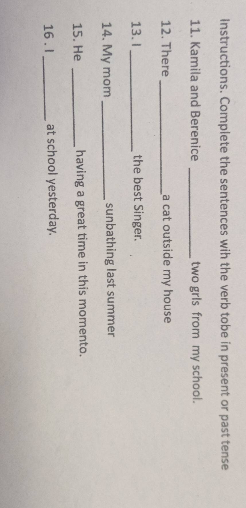 Instructions. Complete the sentences wih the verb tobe in present or past tense 
11. Kamila and Berenice _two grls from my school. 
12. There _a cat outside my house 
13. I _the best Singer. 
14. My mom _sunbathing last summer 
15. He _having a great time in this momento. 
16 . I _at school yesterday.