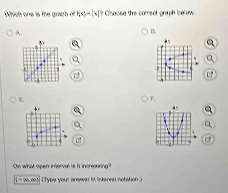 Which one is the graph of f(x)=|x|? Choose the correct graph below.
A.
B_1
y
、
On what open interval is it increasing?
(-∈fty ,∈fty ) (Type your answer in interval notation.)