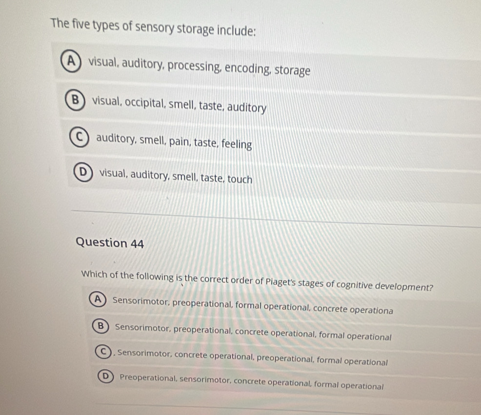 Solved: The five types of sensory storage include: A visual, auditory ...