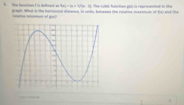 The function I is defined as f(x)=(x+1)^2(x-5). The cubic function g(x) is represented in the 
graph. What is the horizontal distance, in units, between the relative maximum of f(x) and the 
relative minimum of g(x) 7