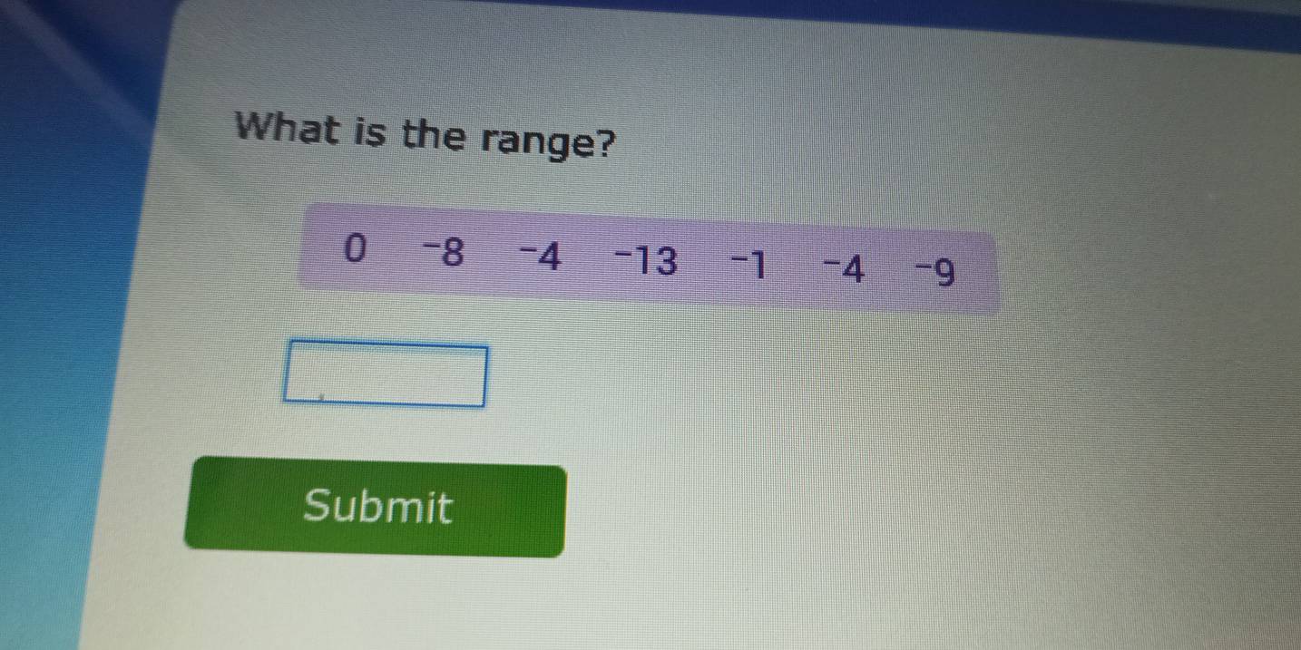 What is the range?
0 -8 -4 -13 -1 -4 -9
Submit