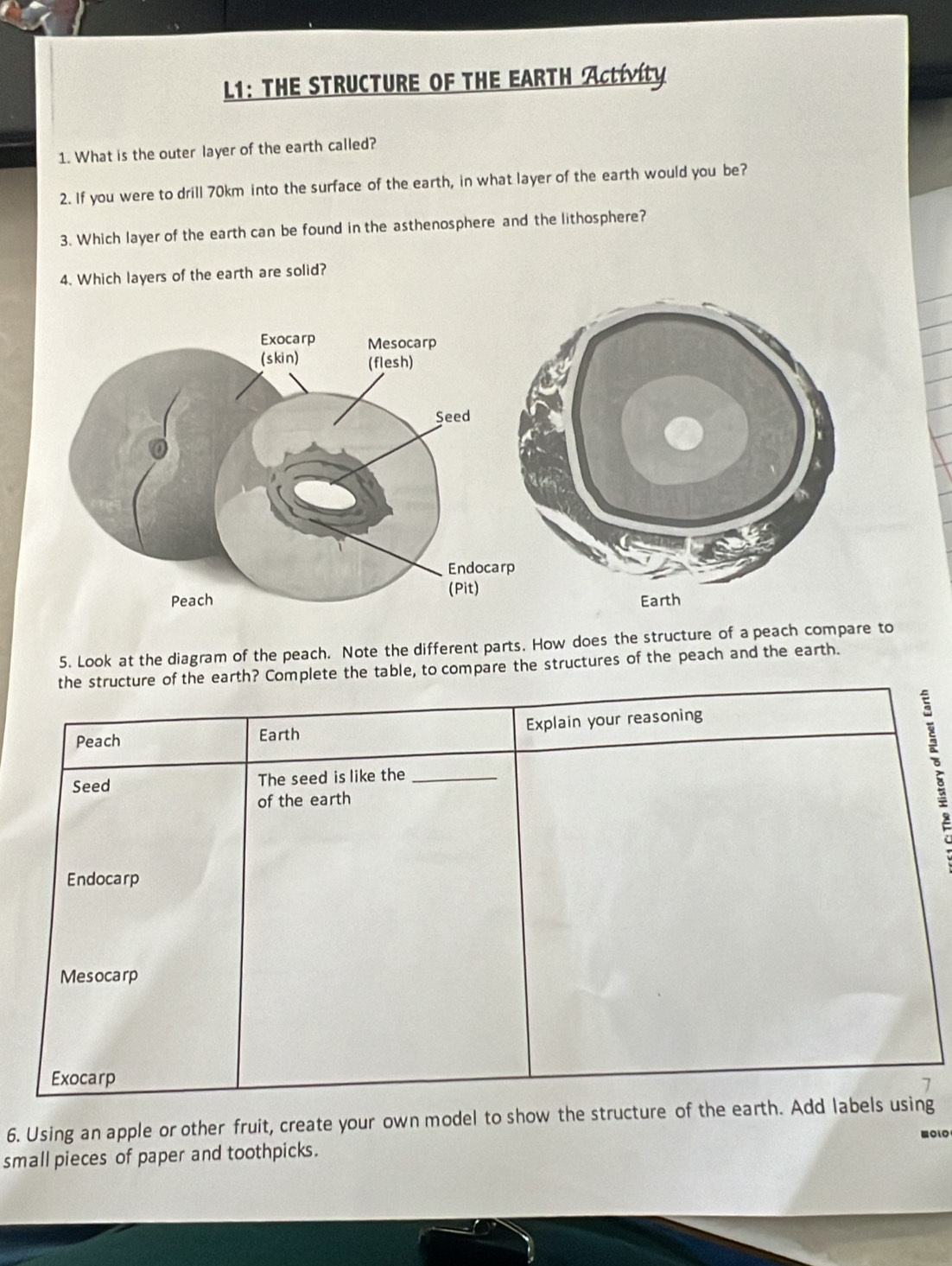 L1: THE STRUCTURE OF THE EARTH Activity 
1. What is the outer layer of the earth called? 
2. If you were to drill 70km into the surface of the earth, in what layer of the earth would you be? 
3. Which layer of the earth can be found in the asthenosphere and the lithosphere? 
4. Which layers of the earth are solid? 
5. Look at the diagram of the peach. Note the different parts. How does the structure of a peach compare to 
the structure of the earth? Complete the table, to compare the structures of the peach and the earth. 
Peach Earth Explain your reasoning 
of the earth 5 
Seed The seed is like the_ 
Endocarp 
Mesocarp 
Exocarp 7 
6. Using an apple or other fruit, create your own model to show the structure of the earth. Add labels using 
OlO 
small pieces of paper and toothpicks.