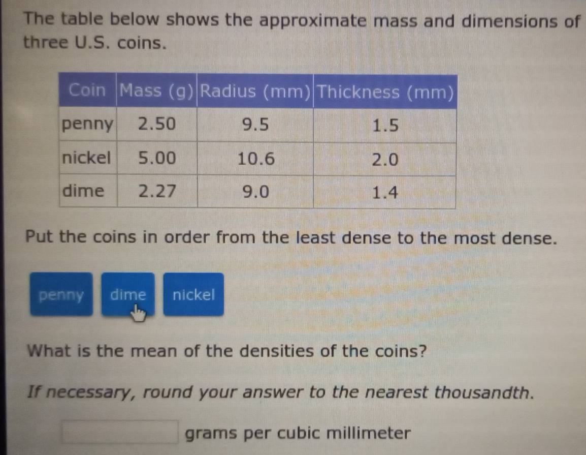 Solved: The table below shows the approximate mass and dimensions of ...
