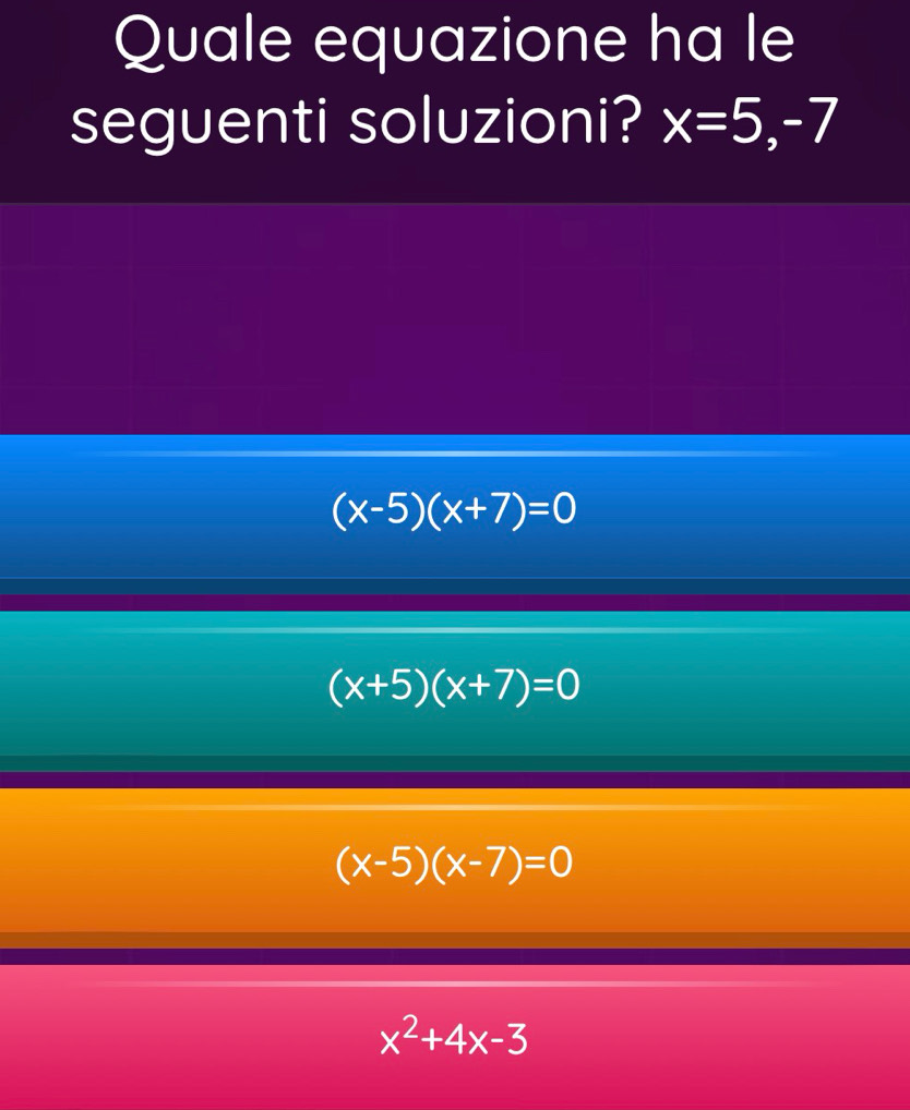 Quale equazione ha le
seguenti soluzioni? x=5,-7
(x-5)(x+7)=0
(x+5)(x+7)=0
(x-5)(x-7)=0
x^2+4x-3