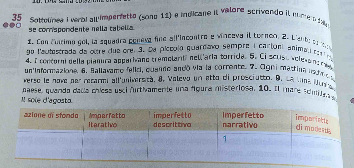 Una saña colazió 
35 Sottolinea i verbi all'imperfetto (sono 11) e indicane il valore scrivendo il numero della 
se corrispondente nella tabella. 
1. Con l’ultimo gol, la squadra poneva fine all’incontro e vinceva il torneo. 2. L’auto correva l 
go l'autostrada da oltre due ore. 3. Da piccolo guardavo sempre i cartoní animati con i rob 
4. I contorni della pianura apparivano tremolanti nell’aria torrida. 5. Ci scusi, volevamo chied 
un’informazione. 6. Ballavamo felici, quando andò via la corrente. 7. Ogni mattina uscivo di t 
verso le nove per recarmi all’università. 8. Volevo un etto di prosciutto. 9. La luna illuminavye 
paese, quando dalla chiesa uscì furtivamente una figura misteriosa. 10. Il mare scintillava so 
il sole d’agosto.