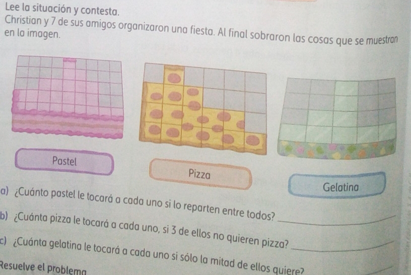 Lee la situación y contesta. 
Christian y 7 de sus amigos organizaron una fiesta. Al final sobraron las cosas que se muestran 
en la imagen. 
Pastel Pizza 
Gelatina 
a) ¿Cuánto pastel le tocará a cada uno si lo reparten entre todos?_ 
b) ¿Cuánta pizza le tocará a cada uno, si 3 de ellos no quieren pizza? 
) ¿Cuánta gelatina le tocará a cada uno si sólo la mitad de ellos quiere? 
Resuelve el problema 
_