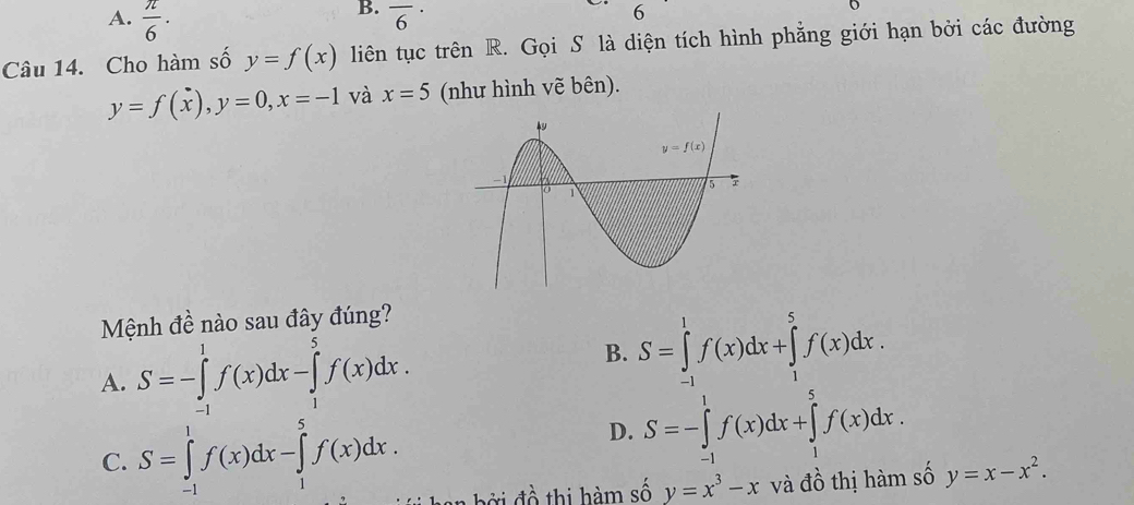  π /6 · overline 6^((·)
6
Câu 14. Cho hàm số y=f(x) liên tục trên R. Gọi S là diện tích hình phẳng giới hạn bởi các đường
y=f(x),y=0,x=-1 và x=5 (như hình vẽ bên).
Mệnh đề nào sau đây đúng?
A. S=-∈tlimits _(-1)^1f(x)dx-∈tlimits _1^5f(x)dx.
B. S=∈tlimits _(-1)^1f(x)dx+∈tlimits _1^5f(x)dx.
D. S=-∈tlimits _(-1)^1f(x)dx+∈tlimits _1^5f(x)dx.
C. S=∈tlimits _(-1)^1f(x)dx-∈tlimits _1^5f(x)dx. an b ởi  đồ thị hàm số y=x^3)-x và đồ thị hàm số y=x-x^2.