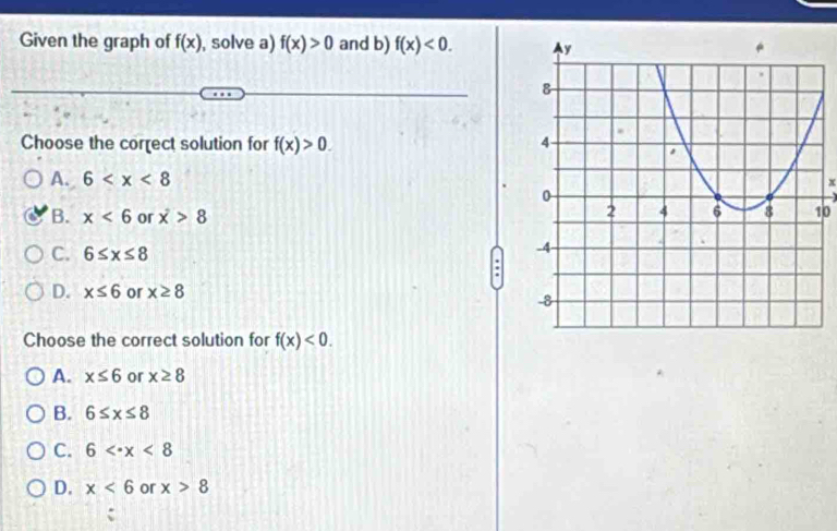 Given the graph of f(x) , solve a) f(x)>0 and b) f(x)<0</tex>. 
Choose the corect solution for f(x)>0.
A. 6
x
B. x<6</tex> or dot x 10
C. 6≤ x≤ 8.
D. x≤ 6 or x≥ 8
Choose the correct solution for f(x)<0</tex>.
A. x≤ 6 or x≥ 8
B. 6≤ x≤ 8
C. 6 <8</tex>
D. x<6</tex> or x>8