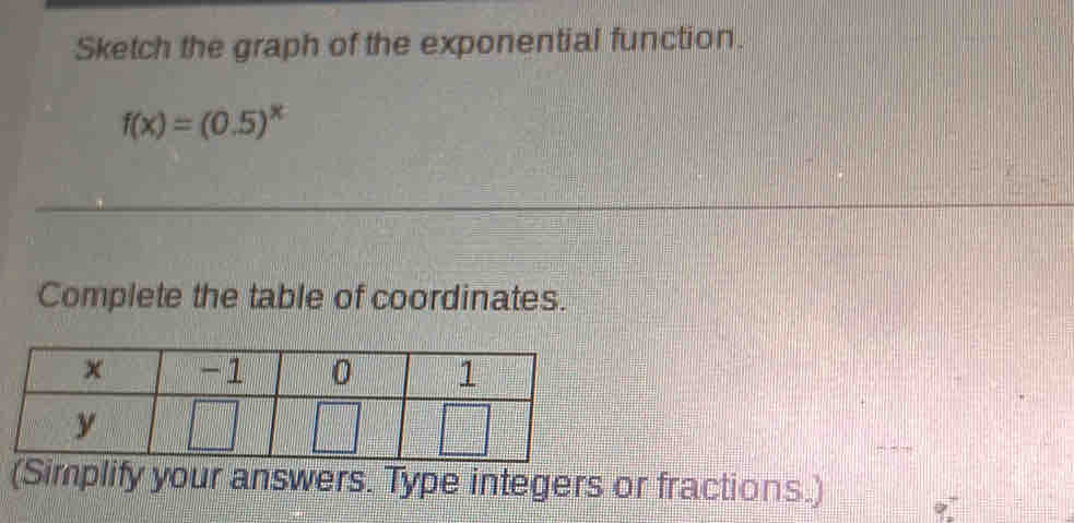 Sketch the graph of the exponential function.
f(x)=(0.5)^x
Complete the table of coordinates. 
(Simplify your answers. Type integers or fractions.)