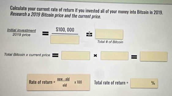 Calculate your current rate of return if you invested all of your money into Bitcoin in 2019. 
Research a 2019 Bitcoin price and the current price.
 initialinvestment/2019price = = ($100,000)/□   □ 
Total # of Bitcoin 
Total Bitcoin x current price =□ * □ =□
Rate of return = (new-eld)/old * 100 Total rate of return =□ %