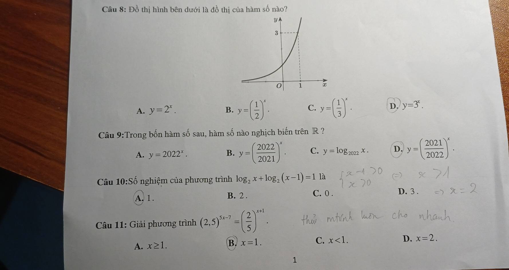 Đồ thị hình bên dưới là đồ thị của hàm số nào?
C.
A. y=2^x. B. y=( 1/2 )^x. y=( 1/3 )^x.
D, y=3^x. 
Câu 9:Trong bốn hàm số sau, hàm số nào nghịch biến trên R ?
A. y=2022^x. B. y=( 2022/2021 )^x. C. y=log _2022x. D. y=( 2021/2022 )^x. 
Câu 10:Shat o nghiệm của phương trình log _2x+log _2(x-1)=1 là
A. 1. B. 2.
C. 0. D. 3.
* Câu 11: Giải phương trình (2,5)^5x-7=( 2/5 )^x+1.
A. x≥ 1.
B. x=1.
C. x<1</tex>. D. x=2. 
1