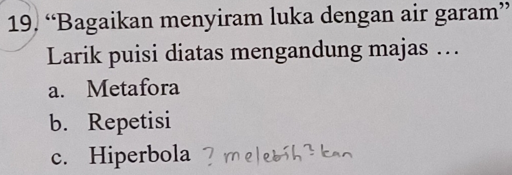 “Bagaikan menyiram luka dengan air garam”
Larik puisi diatas mengandung majas …
a. Metafora
b. Repetisi
c. Hiperbola