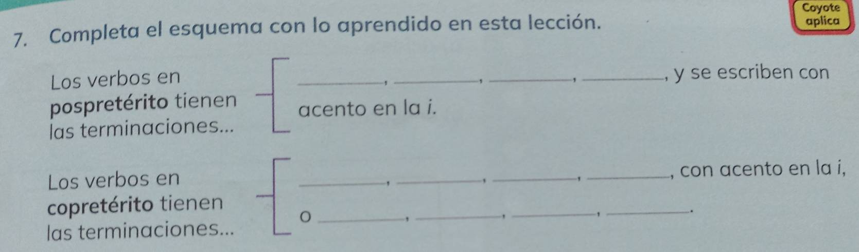 Coyote 
7. Completa el esquema con lo aprendido en esta lección. aplica 
Los verbos en ____, y se escriben con
-1
, 
, 
pospretérito tienen 
acento en la i. 
las terminaciones... 
Los verbos en _,_ 
_' 
_, con acento en la i, 
copretérito tienen 
_、_ 
_, 
_1 
. 
las terminaciones...