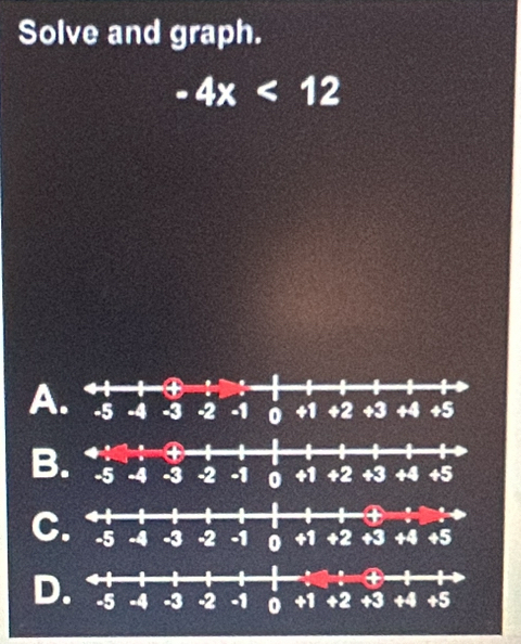 Solve and graph.
= 4x<12</tex>
A
B
C
D