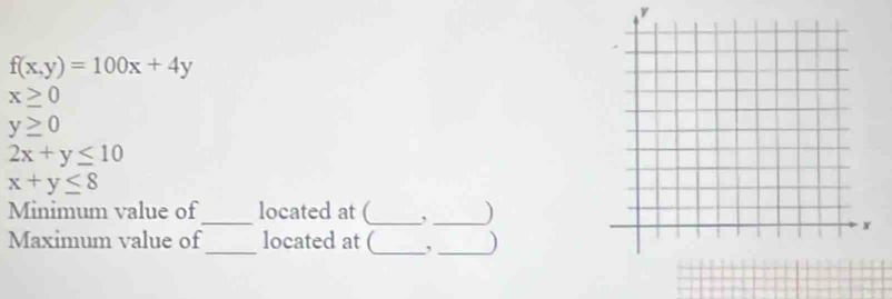 y
f(x,y)=100x+4y
x≥ 0
y≥ 0
2x+y≤ 10
x+y≤ 8
Minimum value of_ located at (_ _) 
Maximum value of_ located at (_ ,_ )