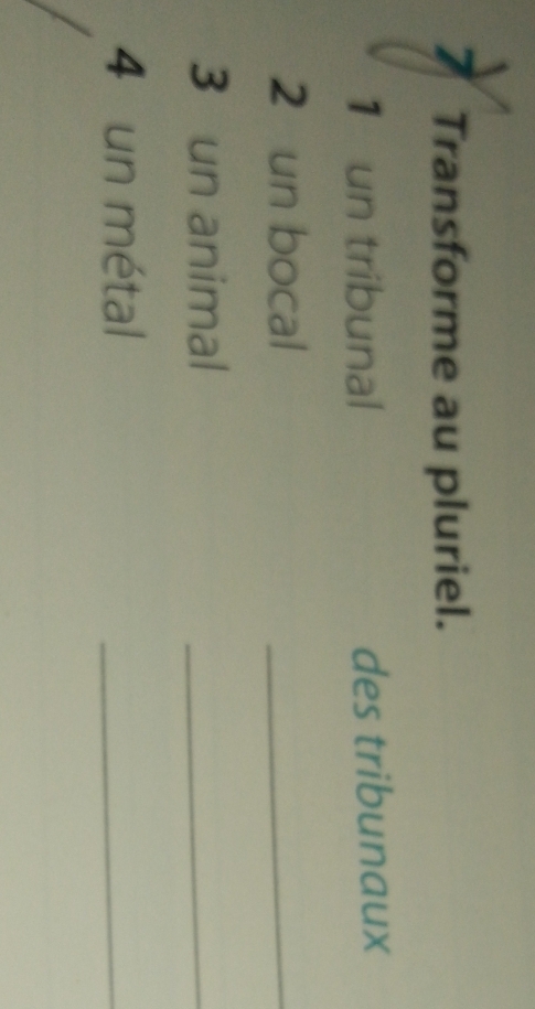 Transforme au pluriel. 
1 un tribunal des tribunaux 
2 un bocal 
_ 
3 un animal_ 
4 un métal 
_