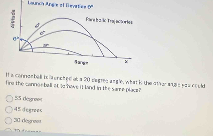 Launch Angle of Elevation θ^0
Parabolic Trajectories
40^(0°
45^circ)
θ°
20°
Range
x
If a cannonball is launched at a 20 degree angle, what is the other angle you could
fire the cannonball at to have it land in the same place?
55 degrees
45 degrees
30 degrees
T d o a