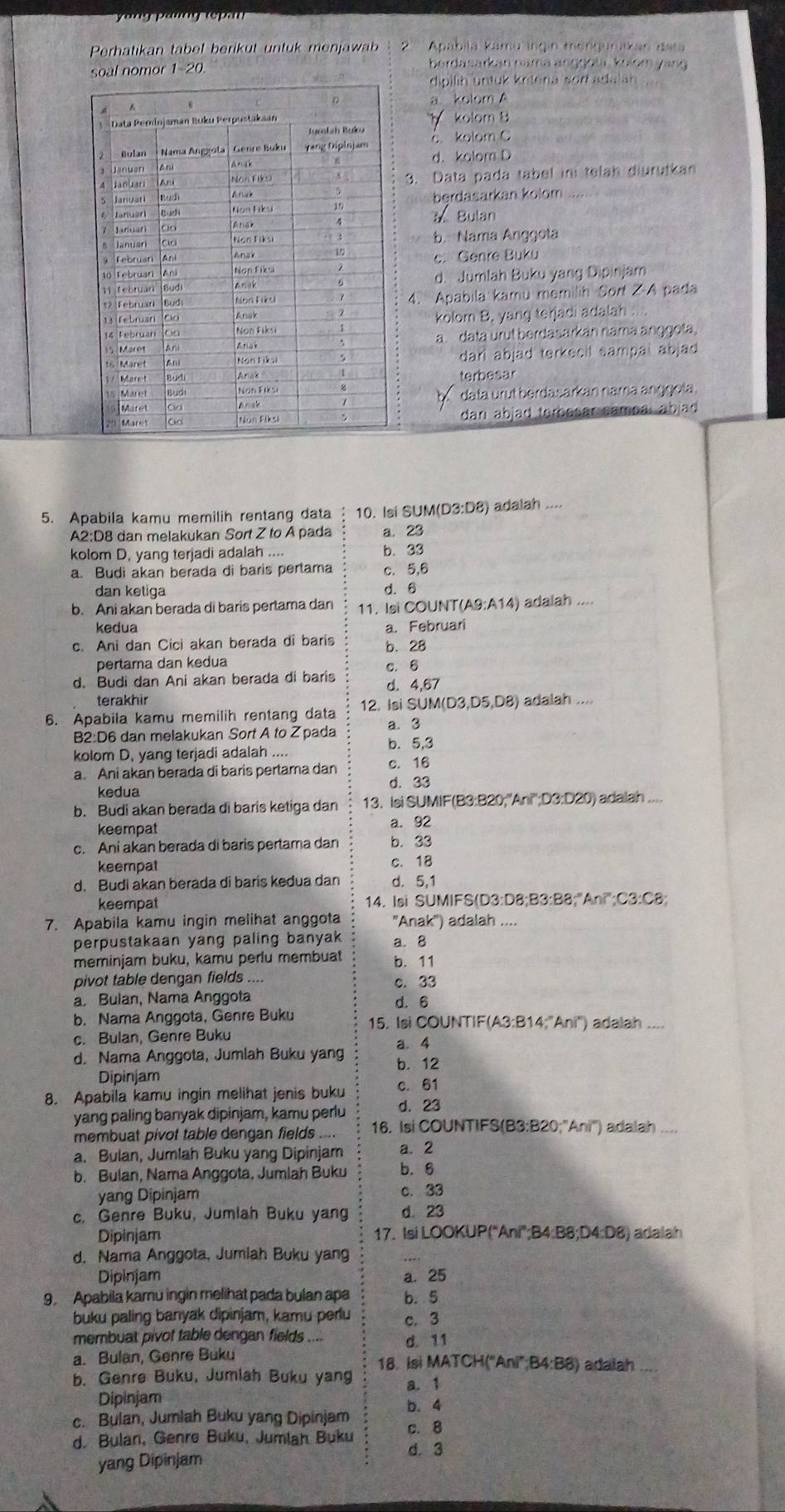 yag  prg  re an 
Perhatikan tabel berikut untuk menjawab Apabila kamu ingin mengurixas dsta
soal nomor 1-20. berdasarkan nama anggota, knlom yang
dipilih untuk kriteria sor adalah
a kolom A
Y kolom
c. kolom C
d. kolom D
3. Data pada tabel ini telah diurutkan
berdasarkan kolom
Bulan
b. Nama Anggota
c. Genre Buku
d. Jumlah Buku yang Dipinjam
4. Apabila kamu memilih Sort Z-A pada
kolom B. yang terjadi adalah
a. data urut berdasarkan nama anggota
dari abjad terkecil sampal abjad
terbesar
data urut berdasarkan nama anggota.
dani abjad terbesar campal abjad 
5. Apabila kamu memilih rentang data 10. Isi SUM(D3:D8) adalah
A2:D8 dan melakukan Sort Z to A pada a. 23
kolom D, yang terjadi adalah .... b. 33
a. Budi akan berada di baris pertama c. 5,6
dan ketiga d. 6
b. Ani akan berada di baris pertama dan 11. Isi COUNT(A9:A14) adalah
kedua a. Februari
c. Ani dan Cici akan berada di baris b. 28
pertama dan kedua
c. 6
d. Budi dan Ani akan berada di baris d. 4,67
terakhir
6. Apabila kamu memilih rentang data 12. Isi SUM(D3,D5,D8) adalah ....
B2:D6 dan melakukan Sort A to Z pada a. 3
kolom D, yang terjadi adalah b. 5,3
a. Ani akan berada di baris pertama dan c. 16
kedua d. 33
b. Budi akan berada di baris ketiga dan 13. lsi SUMIF(B3:B20;'Ani";D3:D20) adalah ....
keempat a. 92
c. Ani akan berada di baris pertama dan b. 33
keempat c. 18
d. Budi akan berada di baris kedua dan d. 5,1
keempat 14. Isi SUMIFS(D3:D8;B3:B8;"Ani";C3:C8
7. Apabila kamu ingin melihat anggota ''Anak'') adalah
perpustakaan yang paling banyak a. 8
meminjam buku, kamu perlu membuat b. 11
pivot table dengan fields .... c. 33
a. Bulan, Nama Anggota d. 6
b. Nama Anggota, Genre Buku 15. Isi COUNTIF(A3:B14;"Ani") adalah ...
c. Bulan, Genre Buku a. 4
d. Nama Anggota, Jumlah Buku yang b. 12
Dipinjam
8. Apabila kamu ingin melihat jenis buku c. 61
yang paling banyak dipinjam, kamu perlu d. 23
membuat pivot table dengan fields 16. Isi COUNTIFS(B3:B20;"Aní") adalah_
a. Bulan, Jumlah Buku yang Dipinjam a. 2
b. Bulan, Nama Anggota, Jumlah Buku b. 6
yang Dipinjam c. 33
c. Genre Buku, Jumlah Buku yang d. 23
Dipinjam 17. Isi LOOKUP("Ani";B4:B8;D4:D8) adalah
d. Nama Anggota, Jumiah Buku yang
Dipinjam a. 25
9. Apabila kamu ingin melihat pada bulan apa b. 5
buku paling banyak dipinjam, kamu perlu c. 3
membuat pivot table dengan fields .... d. 11
a. Bulan, Genre Buku 18. Isi MATCH("Ani";B4:B8) adaiah
b. Genre Buku, Jumlah Buku yang a. 1
Dipinjam
c. Bulan, Jumlah Buku yang Dipinjam b. 4
d. Bulan, Genre Buku, Jumlah Buku c. 8
d. 3
yang Dipinjam