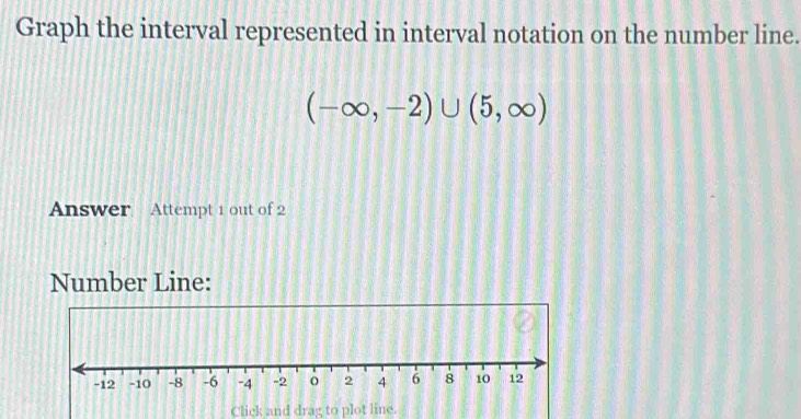 Graph the interval represented in interval notation on the number line.
(-∈fty ,-2)∪ (5,∈fty )
Answer Attempt 1 out of 2 
Number Line:
-12 -10 -8 -6 -4 -2 2 4 6 8 10 12
Click and drag to plot line.