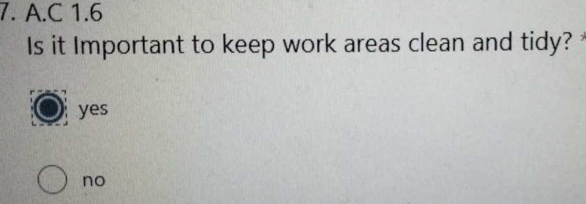 1.6
Is it Important to keep work areas clean and tidy?
yes
no