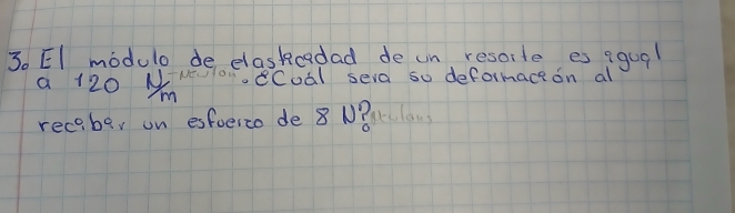 EI modulo de elaskcadad de un resoide es qqual 
a 120 Mm ocCoal sera so deformace on al 
receber on exfoerco de 8 N?