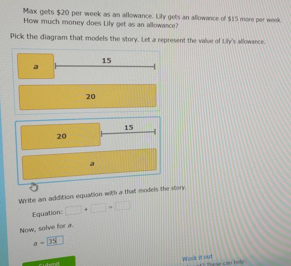 Max gets $20 per week as an allowance. Lily gets an allowance of $15 more per week. 
How much money does Lily get as an allowance? 
Pick the diagram that models the story. Let a represent the value of Lily's allowance.
15
a
20
15
20
a 
Write an addition equation with a that models the story. 
Equation: □ +□ =□
Now, solve for a.
a= 35
Work it out 
cubmit 
These can help: