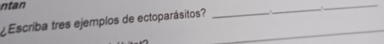 ntan 
¿Escriba tres ejemplos de ectoparásitos?__ 
_ 
_