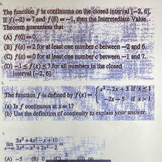 If
T
(
(
(
(
5.
T
(
(
6.
(A)-5 (B) 0 frac 3 (D) ∞