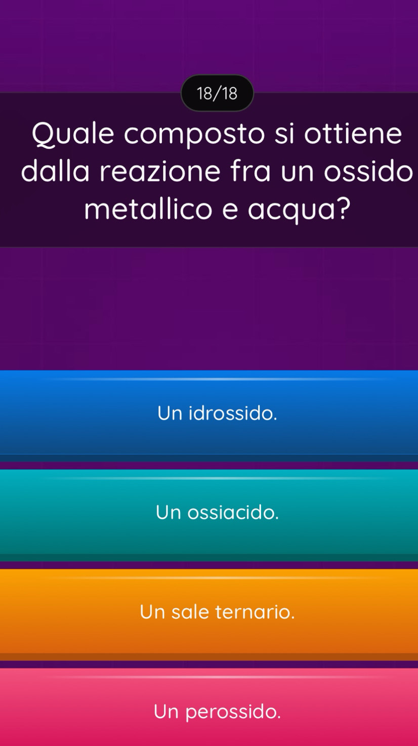 18/18
Quale composto si ottiene
dalla reazione fra un ossido
metallico e acqua?
Un idrossido.
Un ossiacido.
Un sale ternario.
Un perossido.