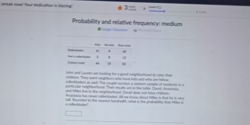 streak now! Your dedication is blazing! I ∞ “ 
Probability and relative frequency: medium 
Google Chnatom a Monolt Tm 
John and Lauren are looking for a good neighborhood to raise their 
children. They want neighbors who have kids and who are fellow 
rollerbladers as well. The couple surveys a random sample of residents in a 
particular neighborhood. Their results are in the table. David, Anastasia, 
and Miles live in the neighborhood. David does not have children. 
Anastasia has never rollerbladed. All we know about Miles is that he is very 
a rollerblader? tall. Rounded to the nearest hundredth, what is the probability that Miles is 
□