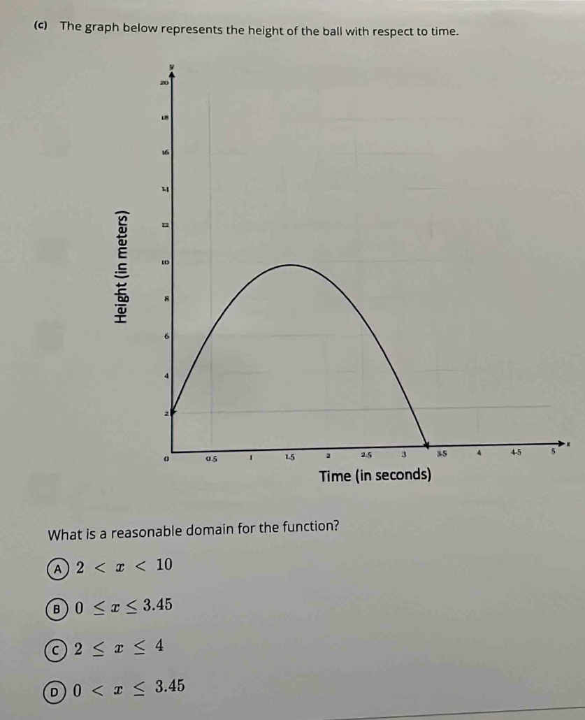 The graph below represents the height of the ball with respect to time.
x
What is a reasonable domain for the function?
A 2
B 0≤ x≤ 3.45
C 2≤ x≤ 4
D 0