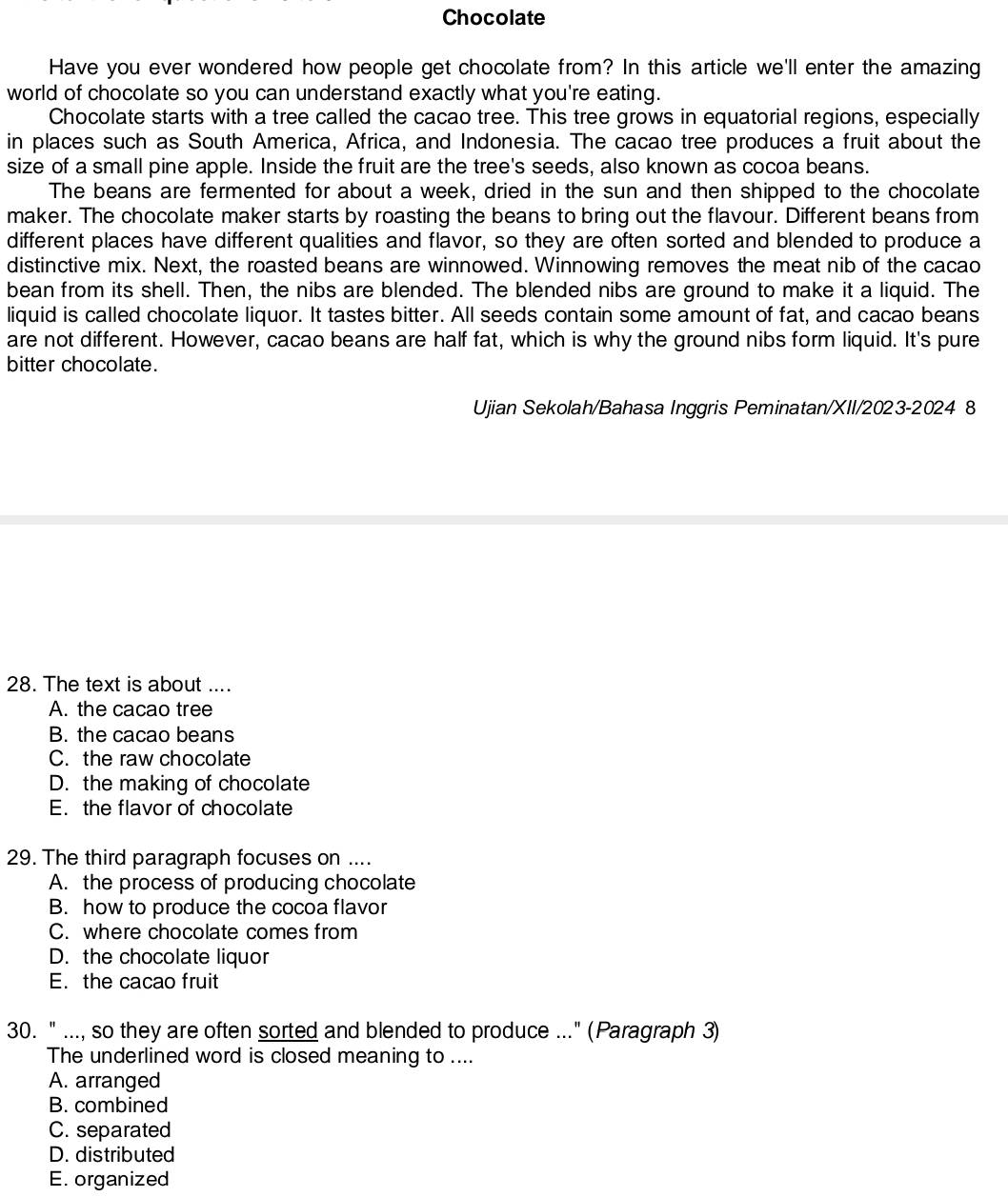 Chocolate
Have you ever wondered how people get chocolate from? In this article we'll enter the amazing
world of chocolate so you can understand exactly what you're eating.
Chocolate starts with a tree called the cacao tree. This tree grows in equatorial regions, especially
in places such as South America, Africa, and Indonesia. The cacao tree produces a fruit about the
size of a small pine apple. Inside the fruit are the tree's seeds, also known as cocoa beans.
The beans are fermented for about a week, dried in the sun and then shipped to the chocolate
maker. The chocolate maker starts by roasting the beans to bring out the flavour. Different beans from
different places have different qualities and flavor, so they are often sorted and blended to produce a
distinctive mix. Next, the roasted beans are winnowed. Winnowing removes the meat nib of the cacao
bean from its shell. Then, the nibs are blended. The blended nibs are ground to make it a liquid. The
liquid is called chocolate liquor. It tastes bitter. All seeds contain some amount of fat, and cacao beans
are not different. However, cacao beans are half fat, which is why the ground nibs form liquid. It's pure
bitter chocolate.
Ujian Sekolah/Bahasa Inggris Peminatan/XII/2023-2024 8
28. The text is about ....
A. the cacao tree
B. the cacao beans
C. the raw chocolate
D. the making of chocolate
E. the flavor of chocolate
29. The third paragraph focuses on ....
A. the process of producing chocolate
B. how to produce the cocoa flavor
C. where chocolate comes from
D. the chocolate liquor
E. the cacao fruit
30. " ..., so they are often sorted and blended to produce ..." (Paragraph 3)
The underlined word is closed meaning to ....
A. arranged
B. combined
C. separated
D. distributed
E. organized