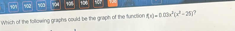 101 102 103 104 105 106 107 108 
Which of the following graphs could be the graph of the function f(x)=0.03x^2(x^2-25) ?