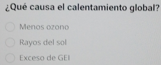 ¿Qué causa el calentamiento global?
Menos ozono
Rayos del sol
Exceso de GEI