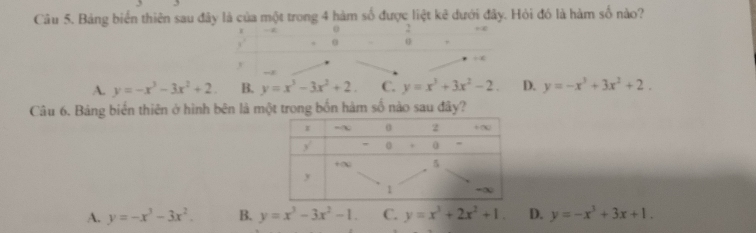 Bảng biển thiên sau đây là của một trong 4 hàm số được liệt kê dưới đây. Hỏi đó là hàm số nào?
0
0 o
A. y=-x^3-3x^2+2. B. y=x^3-3x^2+2. C. y=x^3+3x^2-2. D. y=-x^3+3x^2+2. 
Câu 6. Bảng biển thiên ở hình bên là một trong bốn hàm số nào sau đây?
A. y=-x^3-3x^2. B. y=x^3-3x^2-1. C. y=x^3+2x^2+1. D. y=-x^3+3x+1.