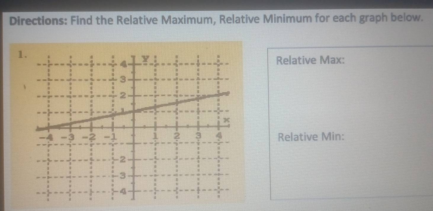 Directions: Find the Relative Maximum, Relative Minimum for each graph below. 
1. 
Relative Max: 
Relative Min: