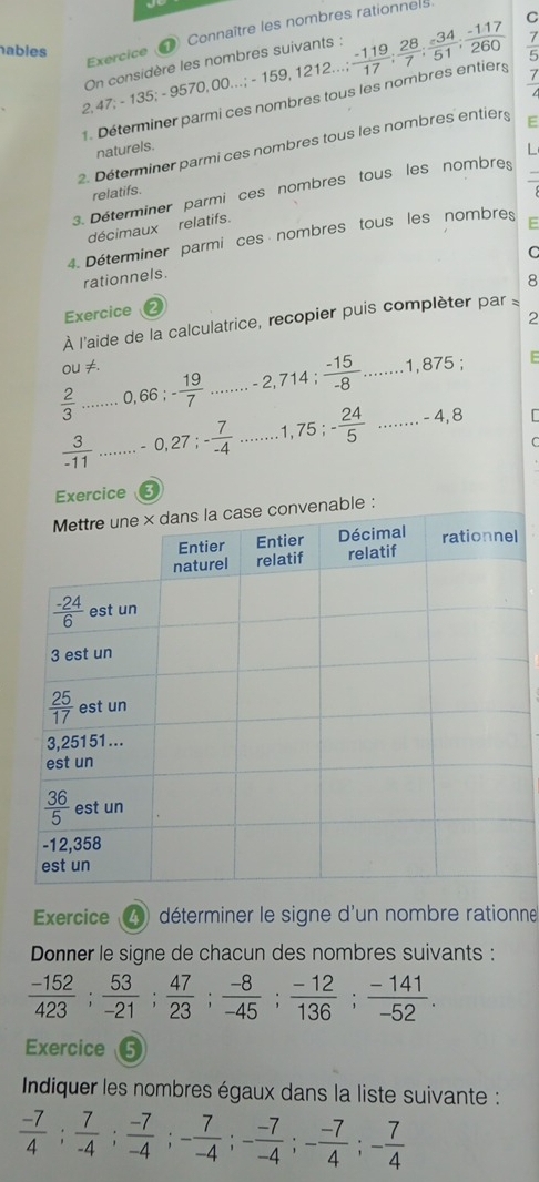 Exercice  Connaître les nombres rationnels
hables
On considère les nombres suivants :
Déterminer parmi ces nombres tous les nombres entiers; (-119)/17 ; 28/7 ; (-34)/51 ; (-117)/260   7/5 
2 47;-135;-9570,00...;-159,121
2
7
2. Déterminer parmi ces nombres tous les nombres entiers E
naturels.
L
3.  Déterminer parmi ces nombres tous les nombre
relatifs.
décimaux relatifs.
4. Déterminer parmi ces nombres tous les nombres
C
rationnels.
8
Exercice
2
À l'aide de la calculatrice, recopier puis complèter pars
ou ≠.
 2/3  _ 0,66;- 19/7  _ -2,714; (-15)/-8  _ 1,875 F
 3/-11  _ -0,27;- 7/-4  _..1,75;-frac 245^((circ) _..-4,8
Exercice
e :
l
Exercice  2  déterminer le signe d'un nombre rationne
Donner le signe de chacun des nombres suivants :
frac -152)423; 53/-21 ; 47/23 ; (-8)/-45 ; (-12)/136 ; (-141)/-52 .
Exercice 5
Indiquer les nombres égaux dans la liste suivante :
 (-7)/4 ; 7/-4 ; (-7)/-4 ;- 7/-4 ;- (-7)/-4 ;- (-7)/4 ;- 7/4 