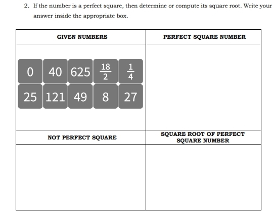 If the number is a perfect square, then determine or compute its square root. Write your
answer inside the appropriate box.