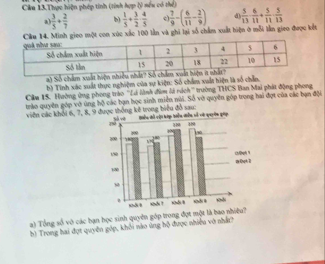 Câu 13.Thực hiện phép tính (tính hợp lý nếu có thể) 
a  3/5 + 2/7 
b)  1/5 + 3/2 ·  4/5   7/9 -( 6/11 - 2/9 ) d  5/13 ·  6/11 + 5/11 ·  5/13 
Câu 14. Minh gieo một con xúc xắc 100 lằn và ghi lại số chẩm xuất hiện ở mỗi lần gieo được kết 
a) Số chẩm xuất hiện nhiều 
b) Tính xác suất thực nghiệm của sự kiện: Số chẩm xuất hiện là số chẵn. 
Câu 15. Hưởng ứng phong trào ''Lá lành đùm lá rách'' trường THCS Ban Mai phát động phong 
trào quyên góp vở ủng hộ các bạn học sinh miền núi. Số vở quyên góp trong hai đợt của các bạn đội 
viên các khổi 6, 7, 8, 9 thống kê trong biểu đồ sau: 
a) Tổng số vô các bạn học sinh quyên góp trong đợt một là bao nh 
b) Trong hai đợt quyên góp, khối nào ủng hộ được nhiều vớ nhất?