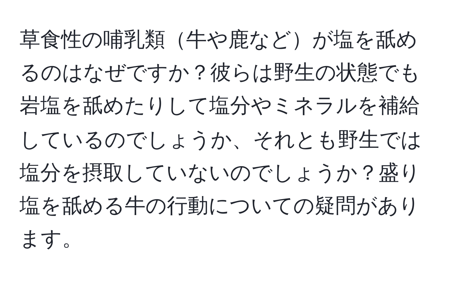 草食性の哺乳類牛や鹿などが塩を舐めるのはなぜですか？彼らは野生の状態でも岩塩を舐めたりして塩分やミネラルを補給しているのでしょうか、それとも野生では塩分を摂取していないのでしょうか？盛り塩を舐める牛の行動についての疑問があります。