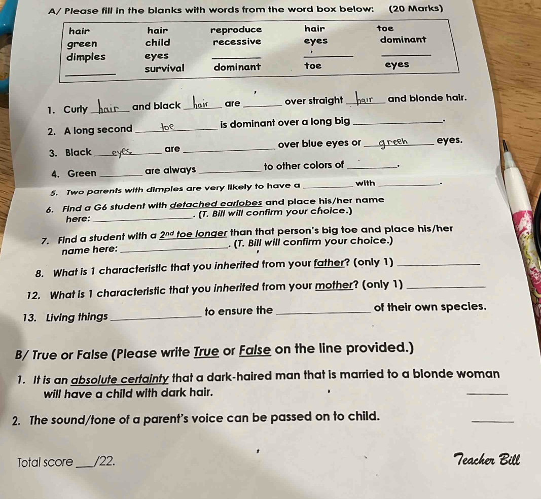 A/ Please fill in the blanks with words from the word box below: (20 Marks) 
hair hair reproduce hair toe 
green child recessive eyes dominant 
dimples eyes_ 
_ 
_ 
_ 
survival dominant toe eyes 
1. Curly _and black _are _over straight _and blonde hair. 
2. A long second_ is dominant over a long big_ 
. 
3. Black _are _over blue eyes or _eyes. 
4. Green _are always _to other colors of_ 
. 
5. Two parents with dimples are very likely to have a _with_ 
. 
6. Find a G6 student with detached earlobes and place his/her name 
here:_ . (T. Bill will confirm your choice.) 
7. Find a student with a 2" toe longer than that person's big toe and place his/her 
name here: _. (T. Bill will confirm your choice.) 
8. What is 1 characteristic that you inherited from your father? (only 1)_ 
12. What is 1 characteristic that you inherited from your mother? (only 1)_ 
13. Living things _to ensure the _of their own species. 
B/ True or False (Please write True or False on the line provided.) 
1. It is an absolute certainty that a dark-haired man that is married to a blonde woman 
will have a child with dark hair. 
_ 
2. The sound/tone of a parent's voice can be passed on to child. 
_ 
Total score _/22. Teacher Bill